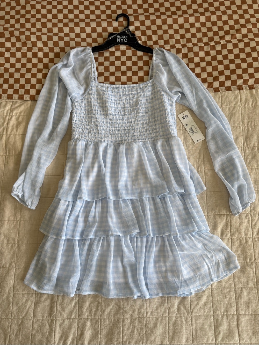 Madden NYC Light Blue Smocked Tiered Mini Dress with Long Sleeves